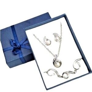 Faux Pearls Silver Necklace Bracelet Earrings set 3 piece